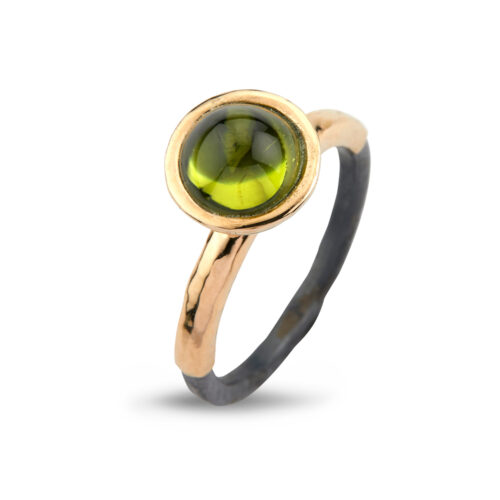 Victoria Rose Peridot ring fra By Birdie i oxyderet sølv og 14 karat guld med en smuk grøn peridot