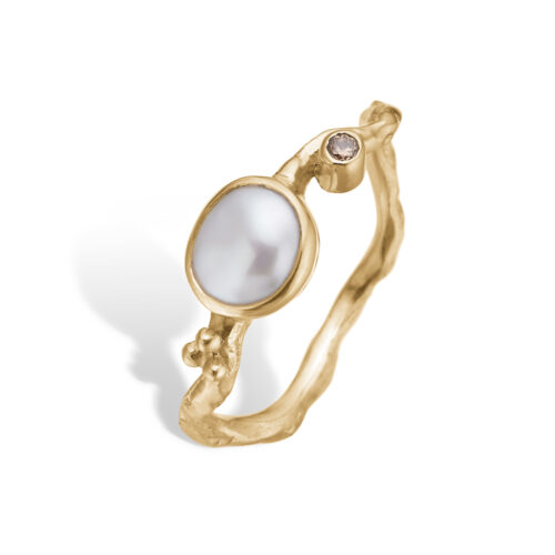 By Birdie Zenith White Keshi S ring i guld med keshiperle og diamanter